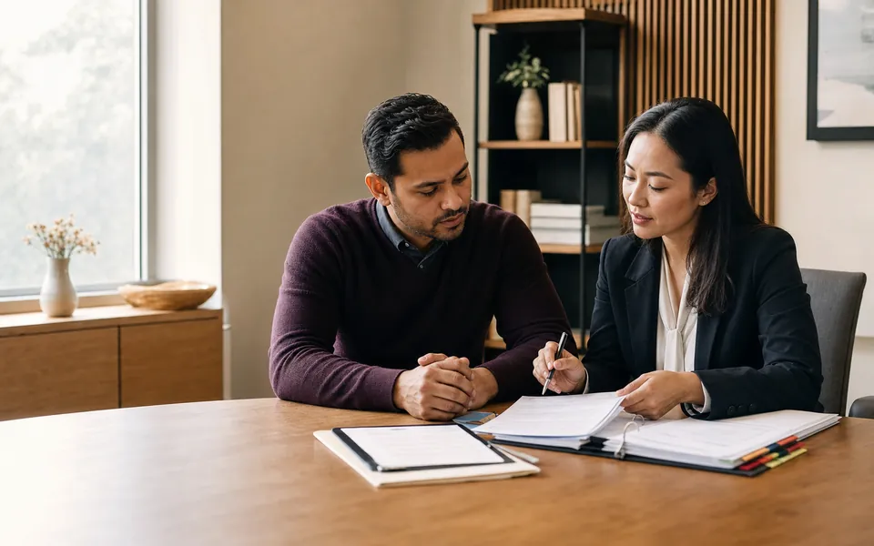 An RCIC reviewing a client file with a client across a desk in a calm, professional setting