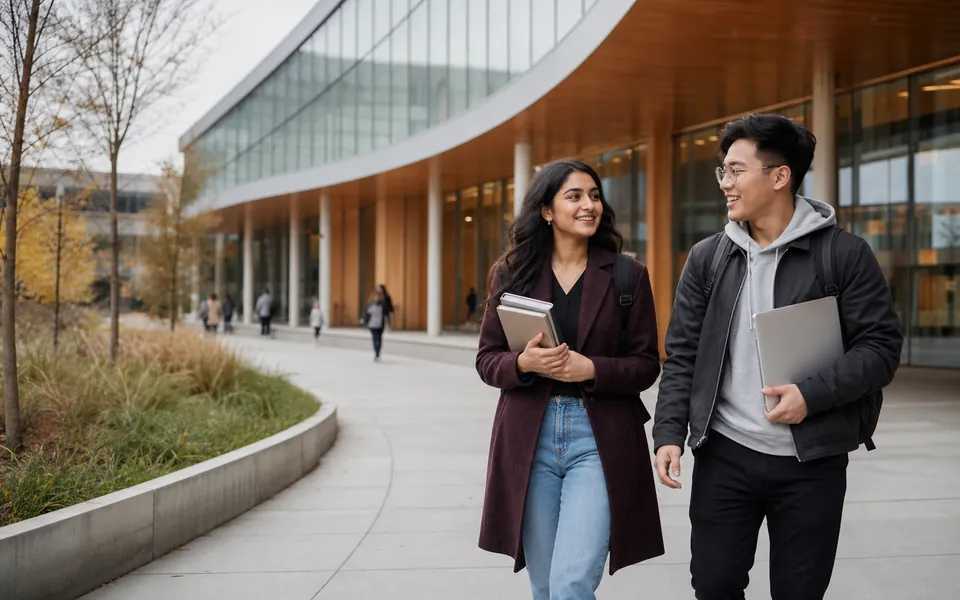 Two university students walking together outside a contemporary Canadian campus building